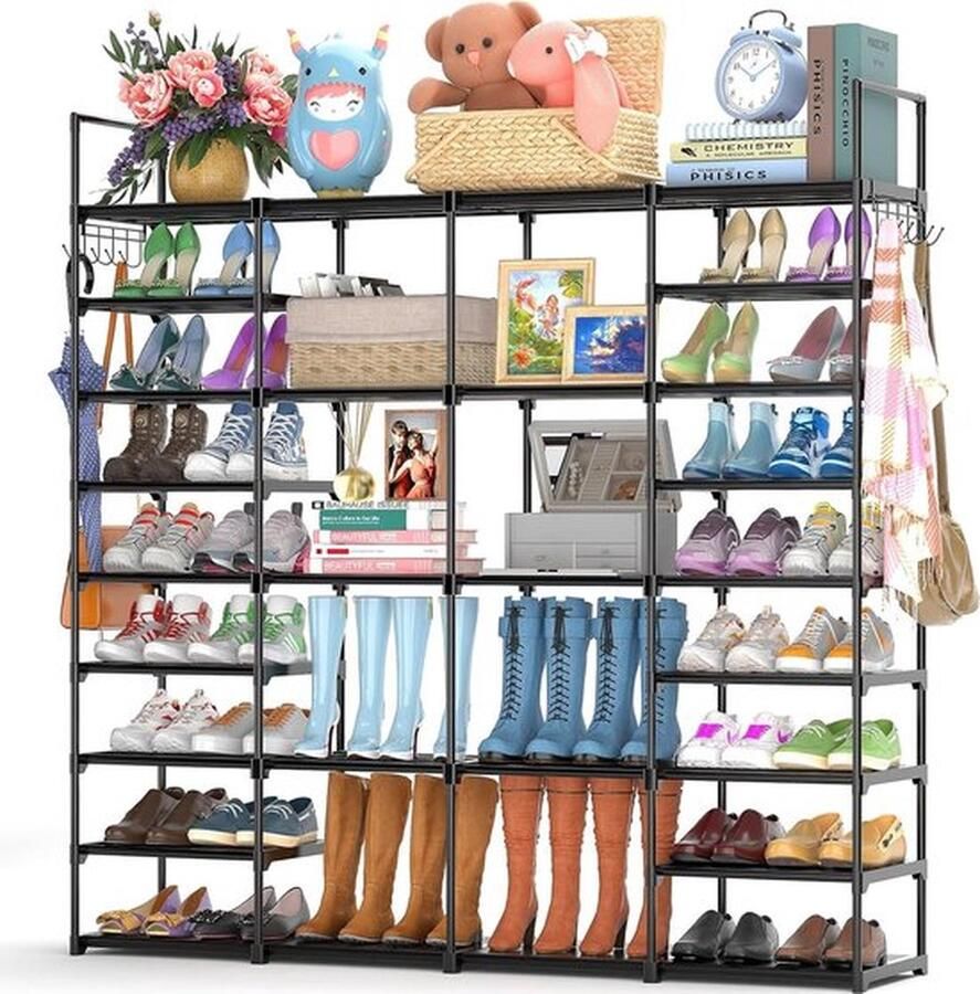 Mrs. Jones Metaal Schoenenrek met 9 Niveaus Grote Opslagcapaciteit voor 64-72 Paar Schoenen Staande Schoenenkast met Haken voor Woonkamer Kleedkamer en Hal