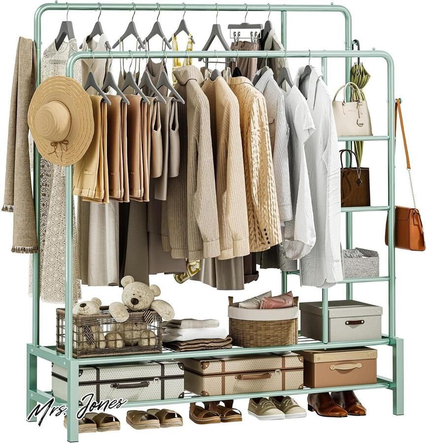 Mrs. Jones Metalen Kledingkast Kapstok met 2 Ophangstangen Vrijstaand Coat Rack met Dubbele Bodemplank 4-Haken 3 Planken Opbergen Schoenen Kleding Mintgroen