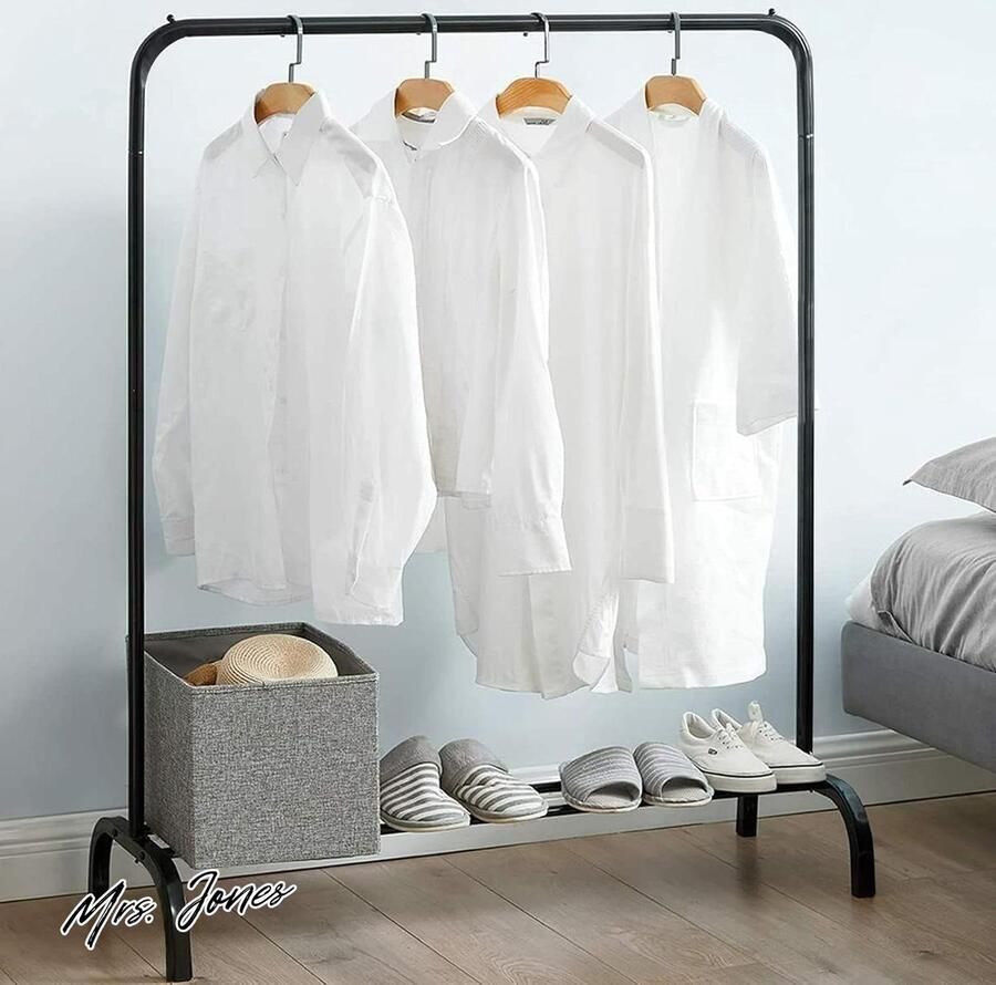 Mrs. Jones Metalen kledingrailstandaard met ophangrail en opbergplank kledingrek voor slaapkamer hangende rails voor kleding zwart