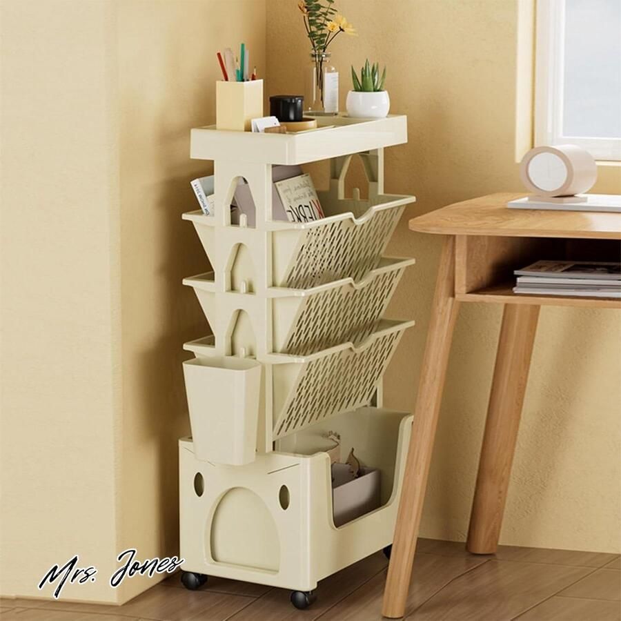 Mrs. Jones Mobiel boekenkast op wieltjes beweegbare boekenkast met 5 etages afneembare rolwagen van kunststof smalle rolwagen voor woonkamer slaapkamer en keuken