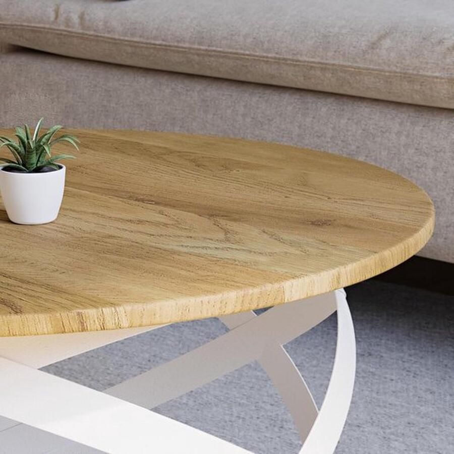 Mrs. Jones Moderne Artisanale Salontafel Massief Eikenhout en Staal Wit Rond Ø70x40 cm