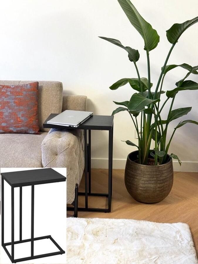 Mrs. Jones Moderne Bijzettafel Sofatafel Salontafel nachtkastje bedtafel laptoptafel met MetalenFrame en Houten tafelblad 45x25x63 5 cm zwart