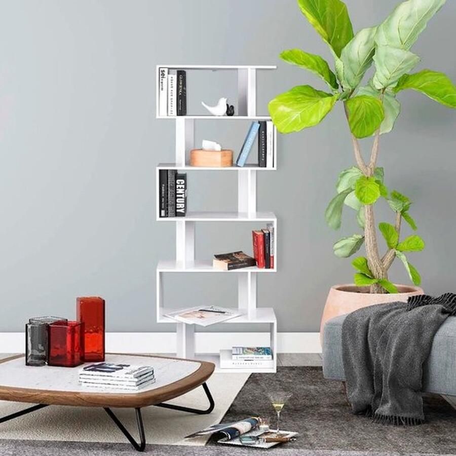 Mrs. Jones Moderne Boekenkast met 6 Vakken Vrijstaande Boekenplank Ruimtebesparend Ontwerp Multifunctionele Opberger Wit
