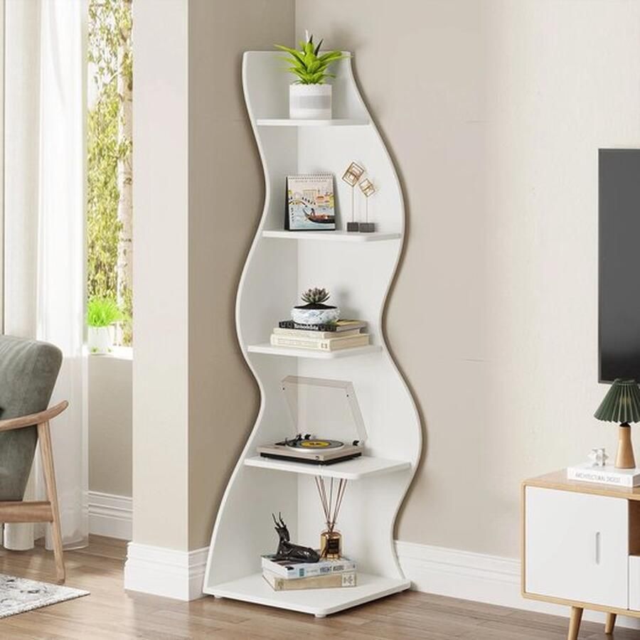 Mrs. Jones Moderne Hoekplank 5-Tier Muur Hoek Boekenplank Wandplank Stijlvolle Hoek Boekenkast en Opbergrek 50 x 47 x 177 cm