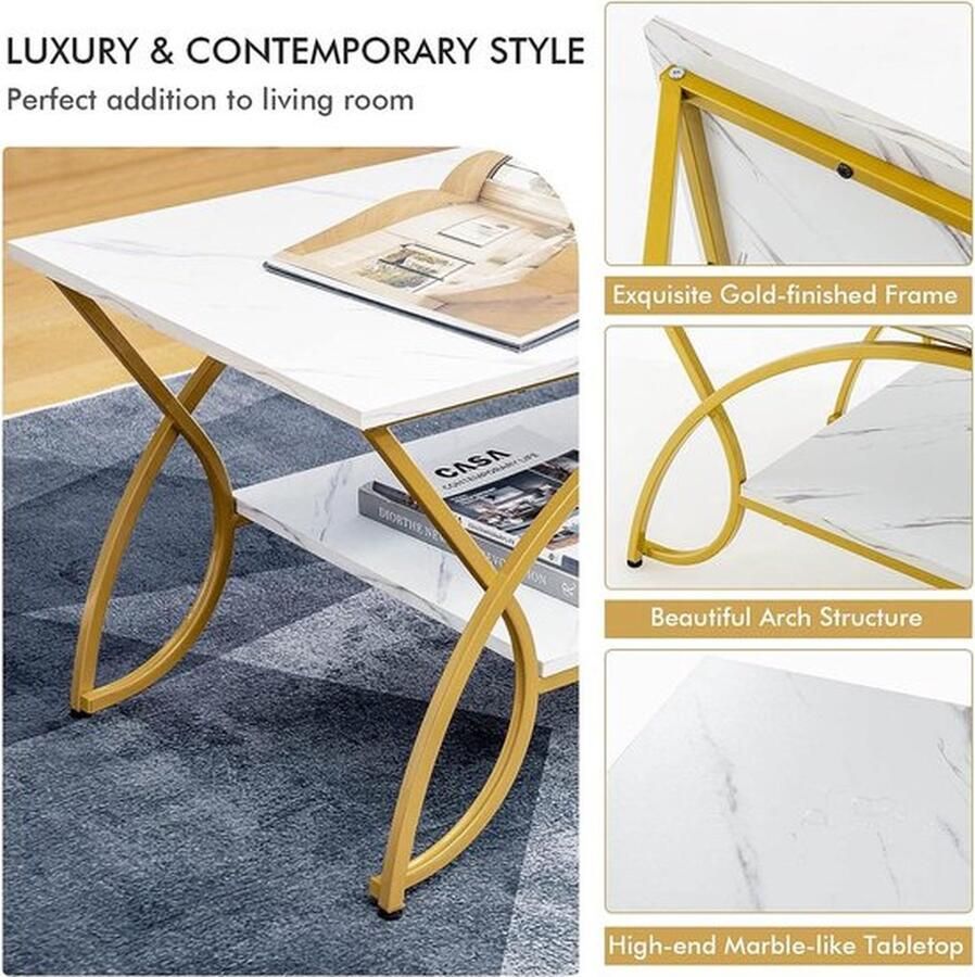 Mrs. Jones Moderne kunstmarmer koffietafel Rechthoekige Accenttafel met 2 lagen en Goud afgewerkt metalen frame Chique Cocktailtafel met Opbergplank Snack Eindtafel voor Woonkamer & Lounge
