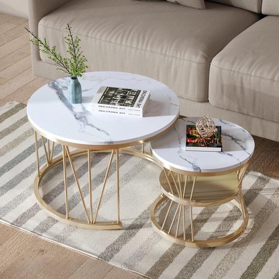 Mrs. Jones Moderne nestbare salontafel Set van twee salon tafels Gouden Frame Bijzet tafels Wit met goud 70 cm en 45 cm Zwart met goud