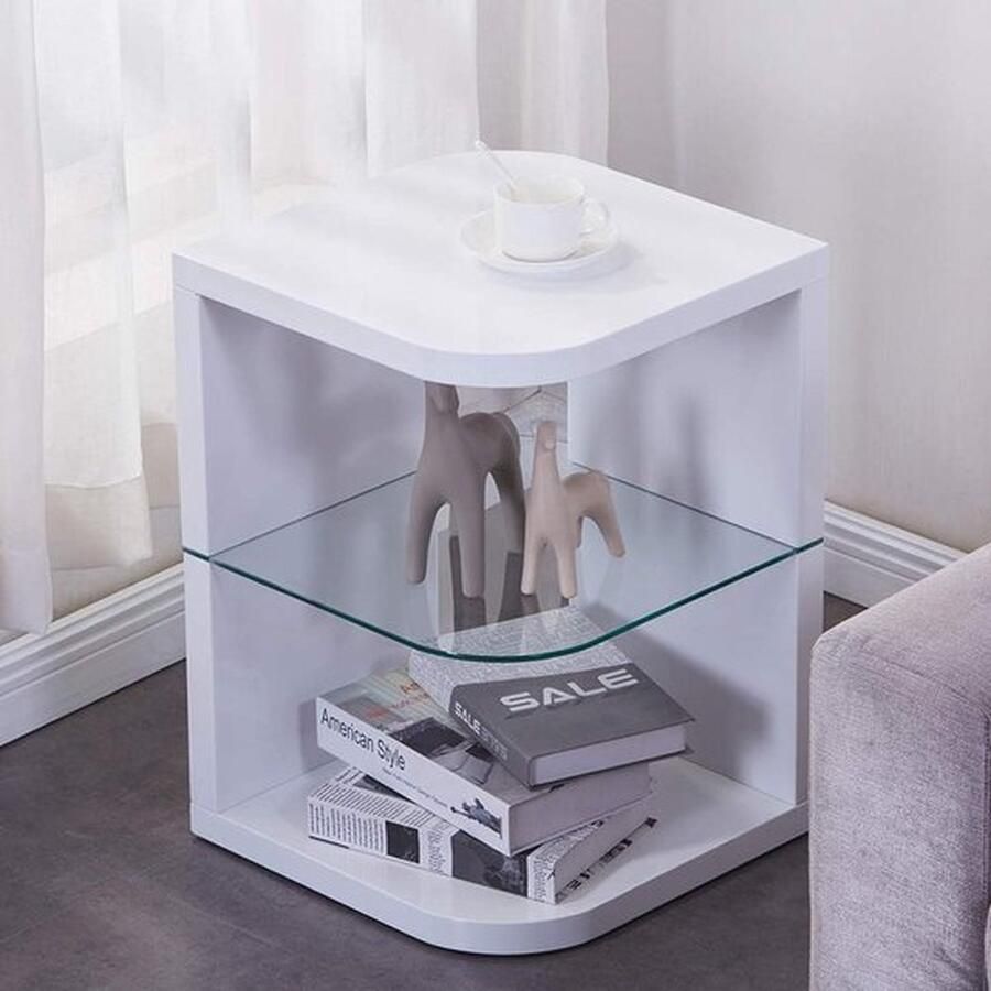 Mrs. Jones Moderne Salontafel Glas Laag Bijzettafel Wit 40 × 40 × 56 cm Klassieke Nachttafel