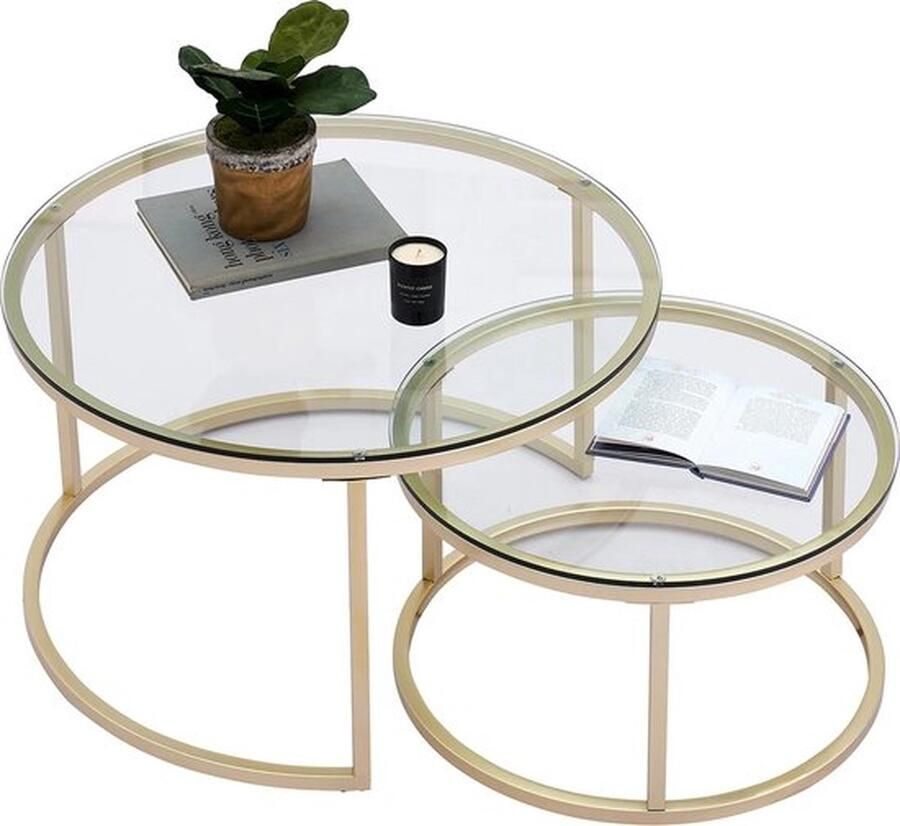 Mrs. Jones Salontafel 2 in 1 goud met gehard glas Glazen woonkamer tafel Nachtkastje Multifunctionele tafel diameter 60cm en 40cm Metaal frame goudkleur Glas