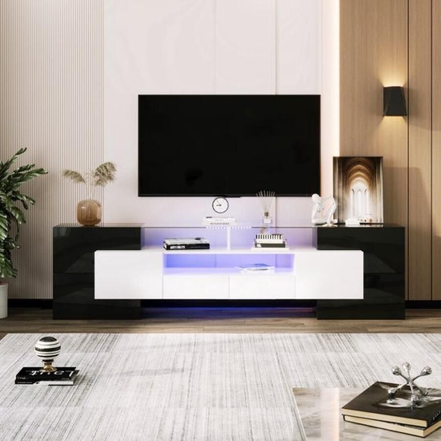 Mrs. Jones Moderne TV-Kast met LED-verlichting Hoogglans Wit en Zwart Ruime Opbergruimte 200 x 30 x 61