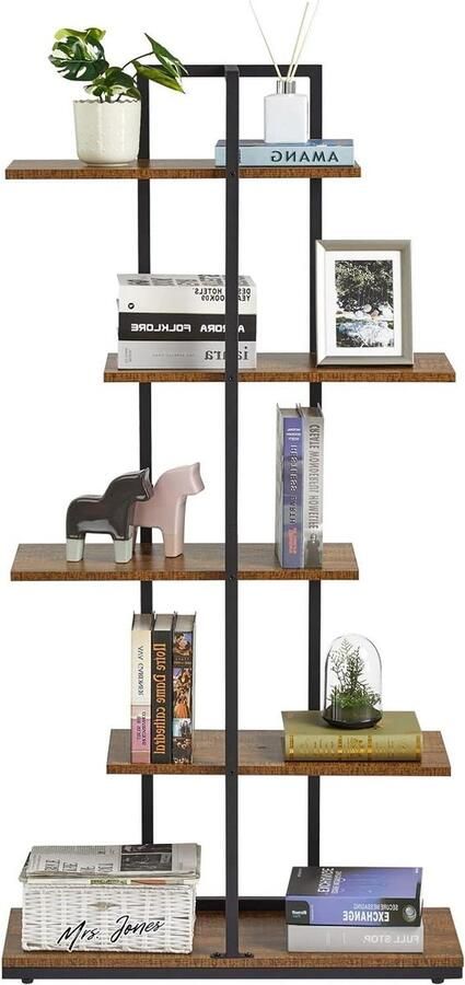 Mrs. Jones Mondeer Boekenplank 5-laags staande boekenkast asymmetrische verspringende display plank plantenplank industriële stijl voor woonkamer slaapkamer thuiskantoor 74 x 28 x 1445 cm rustiek bruin