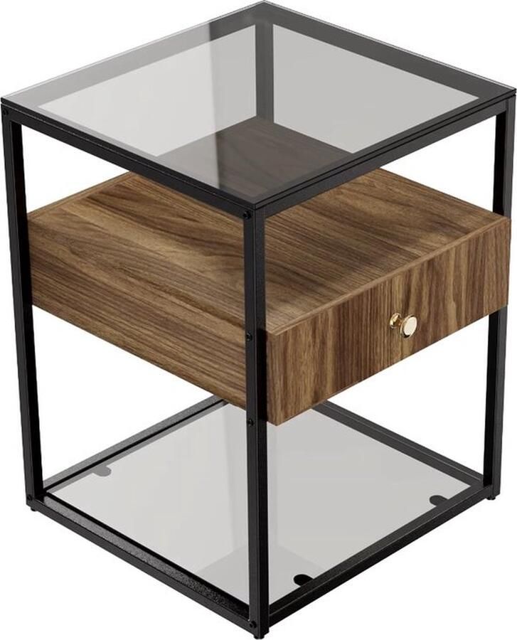 Mrs. Jones Nachtkastje Bijzettafel Glazen tafel Gehard glas Met lade Stalen frame Zwart Hout Glas