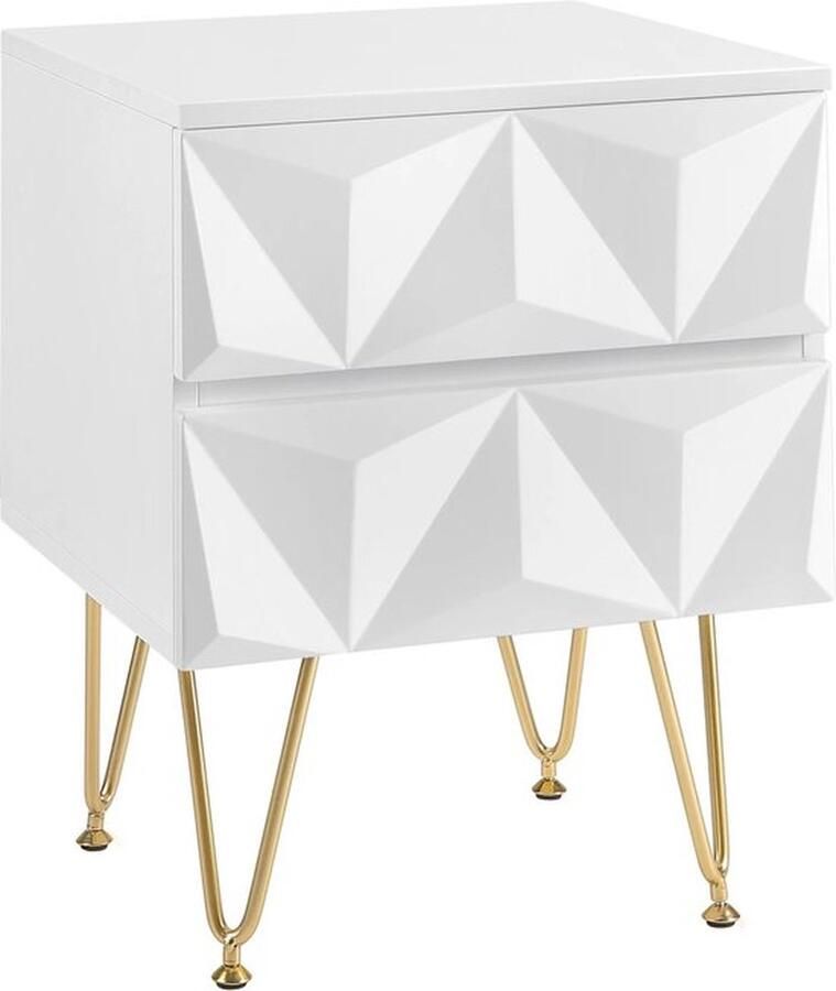 Mrs. Jones Nachtkastje Bedkastje Bedtafeltje Bijzetkastje Geometrische Design Nachtkastje Klein Dressoir 3D Effect 2 Lades Modern 40x53x40Cm Wit Goud