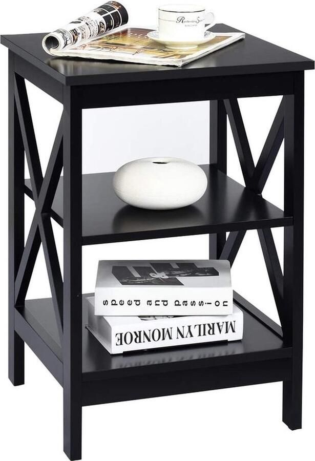 Mrs. Jones Nachtkastje met 3 niveaus bijzettafel nachtkastje banktafel salontafel voor slaapkamer woonkamer 40x40x61cm (zwart X-vormig)