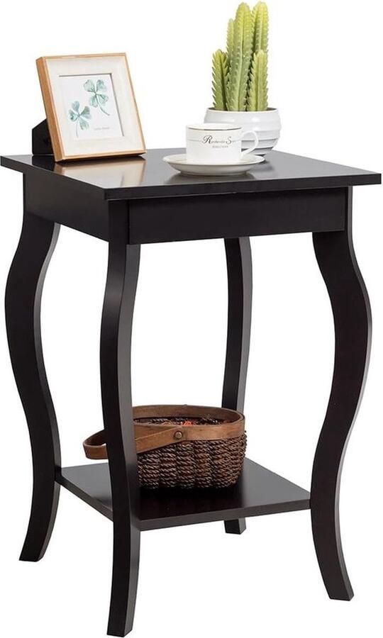 Mrs. Jones Nachtkastje met plank 2 niveaus bijzettafel van hout met gebogen poten nachtkastje laptoptafel banktafel industrieel voor woonkamer slaapkamer 40 x 40 x 60 cm (1 bruin)