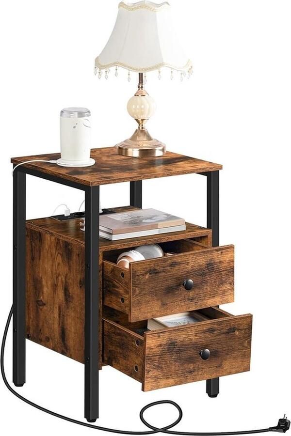 Mrs. Jones Nachtkastje met Verlengsnoer Incl. 2 Stopcontacten & 2 USB Poorten Nachttafel met Laden en Legplank Set van 3 Bijzettafel Eenvoudig te Monteren