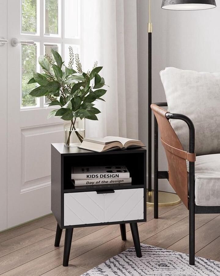 Mrs. Jones Nachtkastje naast tafel met lade en plank zwart nachtkastje meubel kleine bijzettafel met gouden frame voor slaapkamer woonkamer