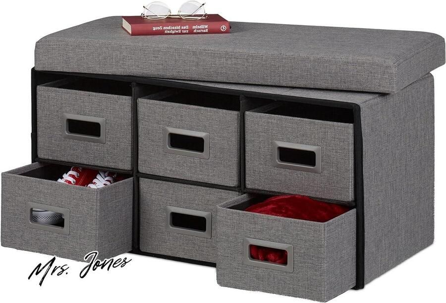 Mrs. Jones Opbergbank 6 lades Gepolsterde Zitting 39 x 755 x 37 cm Opvouwbare Halbank Woonkamer Slaapkamer Grijs Ruimtebesparend Opbergmeubel