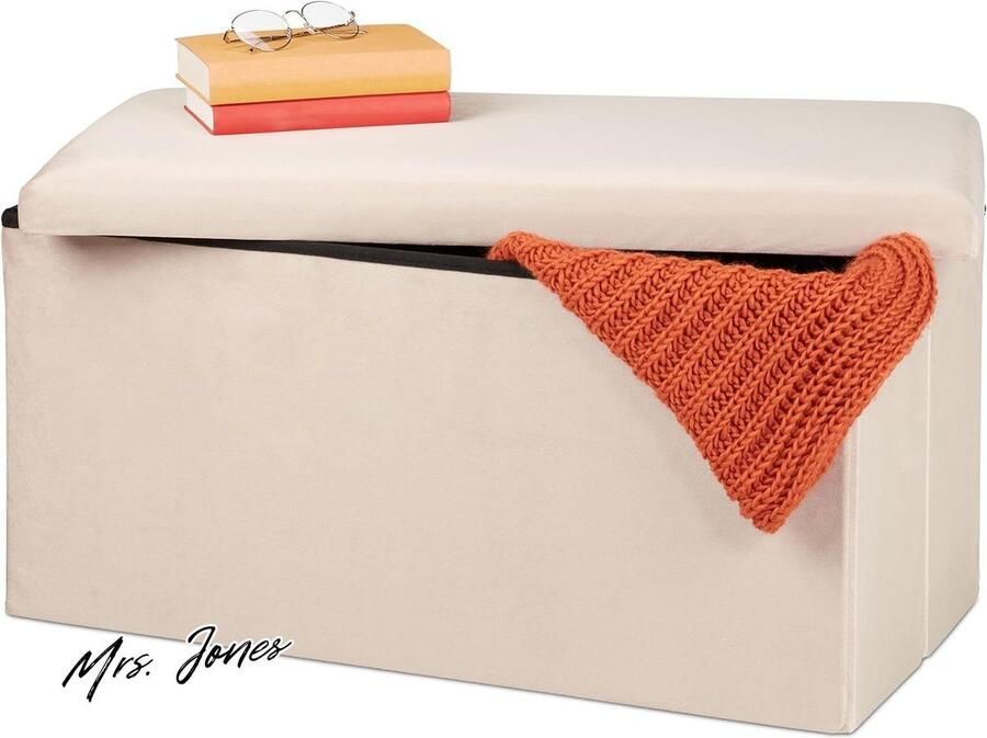 Mrs. Jones Opbergbank 80 liter fluwelen bekleding stoffen zitbank crème 38 x 77 x 39 cm halbank woonkamer