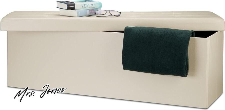 Mrs. Jones Opbergbank XL Opvouwbaar Kunstleer HBD 38 x 114 x 38 cm Bank Opbergruimte Crème Kleur