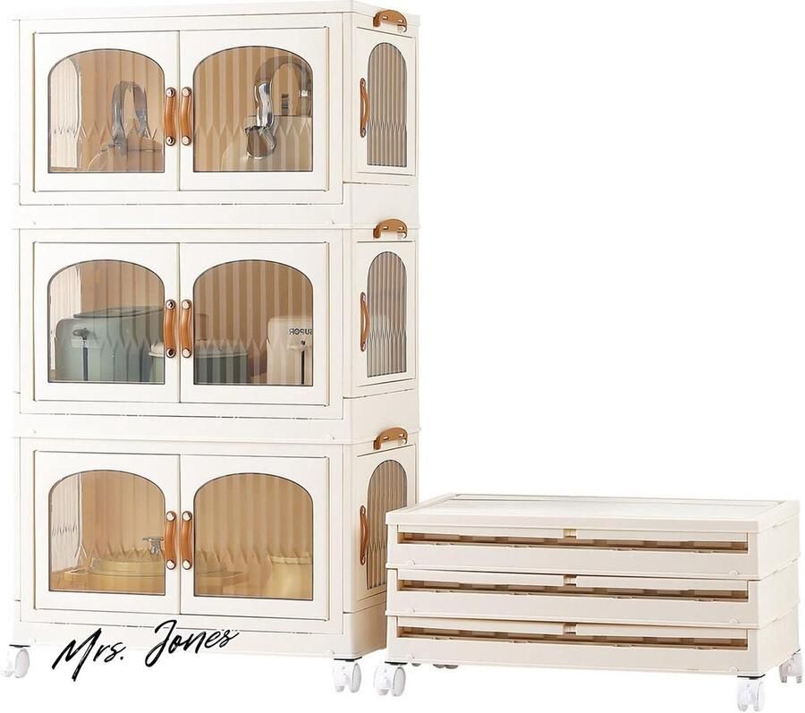 Mrs. Jones Set van 3 opbergdozen multifunctioneel stapelbare opbergtoren organizer 174L kunststof opbergmand met wielen voor slaapkamer keuken kantoor woonkamer wit Organizer Opbergtoren