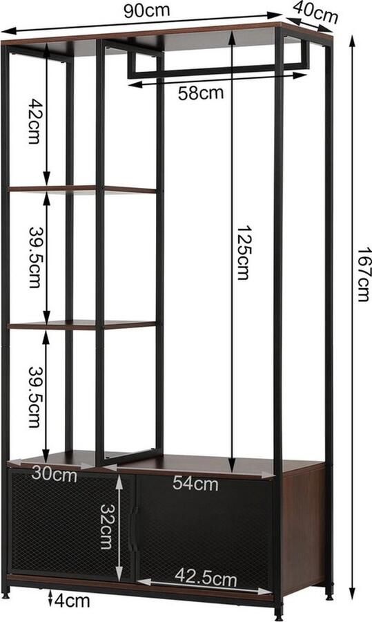 Mrs. Jones Opbergkasten Kledingkasten Kledingrek metaal Kledingkasten Slaapkamers Kapstok Kledinghangers Afmetingen 90x40x167cm
