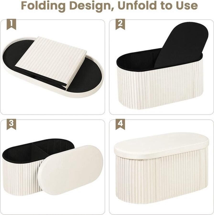 Mrs. Jones Opbergpoef met Deksel Opvouwbare opberg poef Bankje Creme Beige Ovaal Groot 72x35x34.5 CM