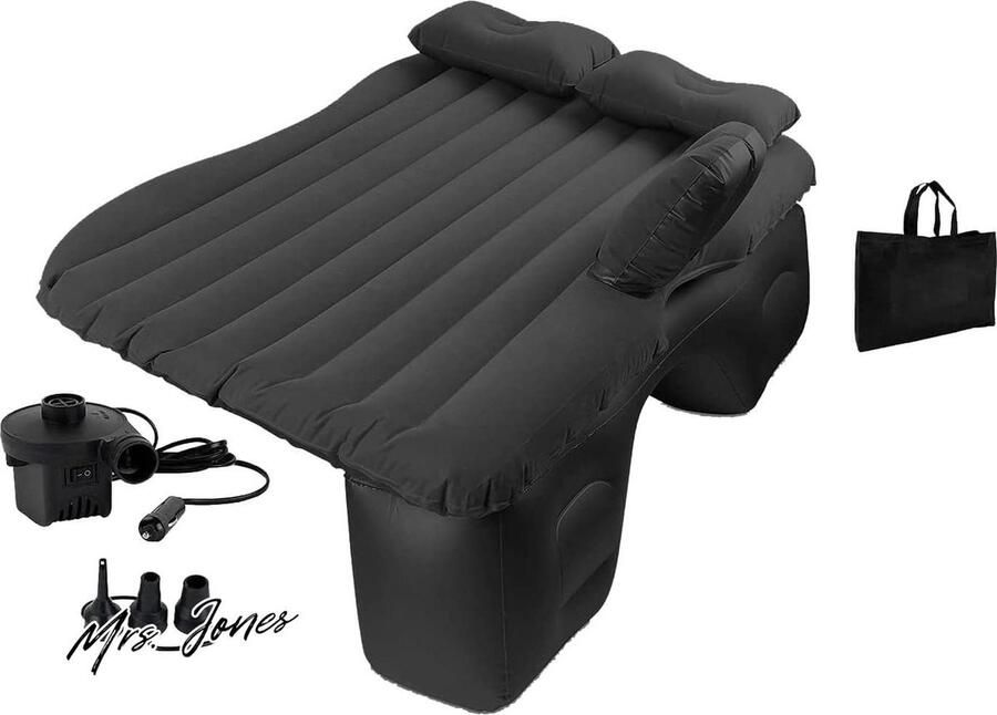 Mrs. Jones Opblaasbaar automatras enkele luchtmatras voor achterbank 12 V elektrische luchtpomp 3 adapters auto-accessoires (zwart)