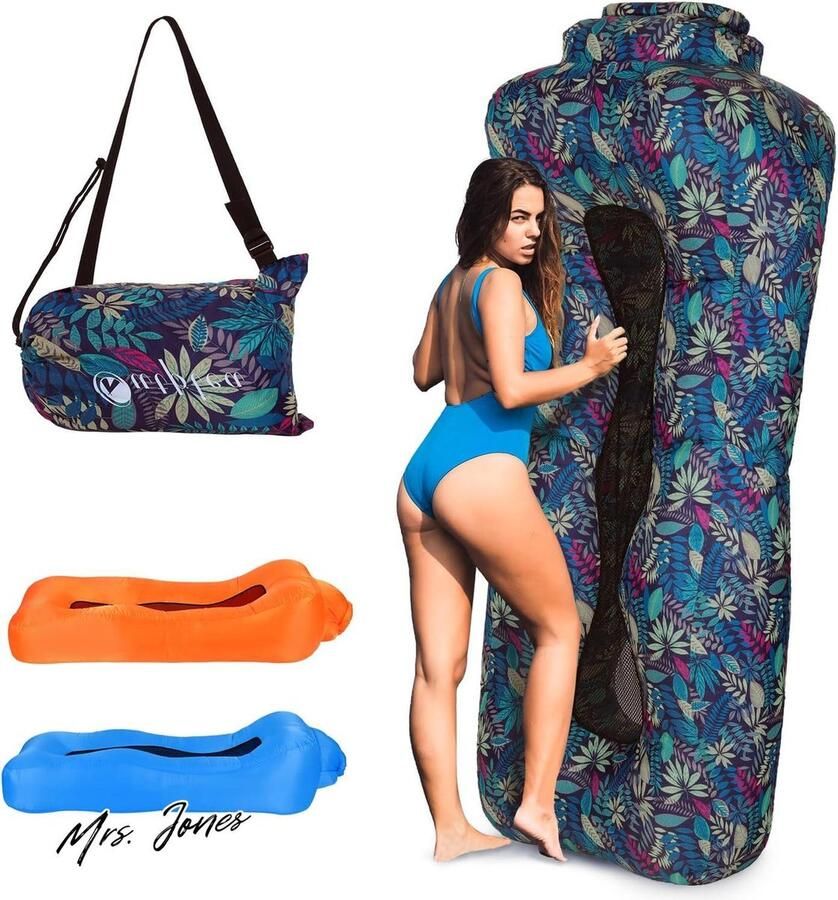 Mrs. Jones Opblaasbare ligstoel luchtbank draagbare ligstoel met mesh-rug waterdichte campingligstoel voor zwembad en strand reizen tropisch blauw
