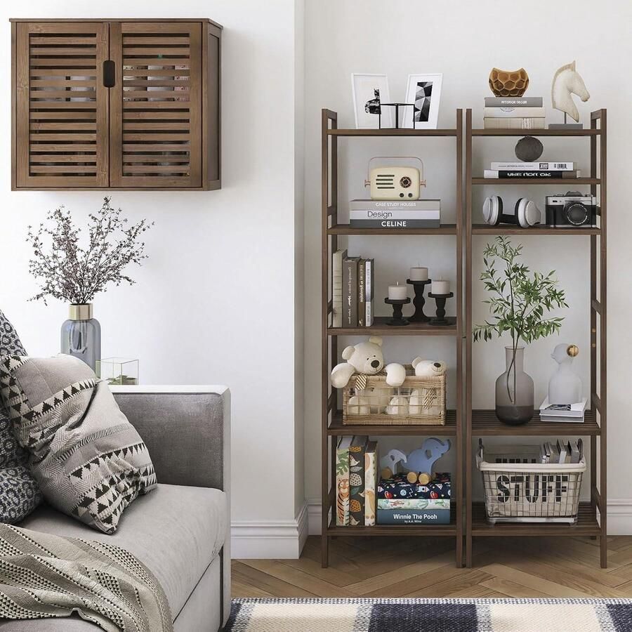 Mrs. Jones Open Bamboe Boekenkast met Verstelbare Planken 5-laags Hoge Opbergorganisator Vrijstaande Badkamerplank Plantenstandaard Walnoot