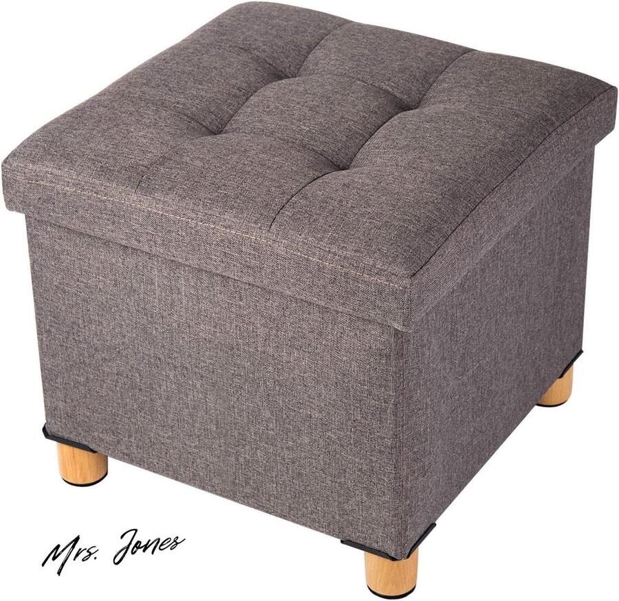 Mrs. Jones Opklapbare Ottomaanse met houten poten linnen voetkruk opbergkist met zeer elastische sponsvulling bruin 38 x 38 x 36 cm