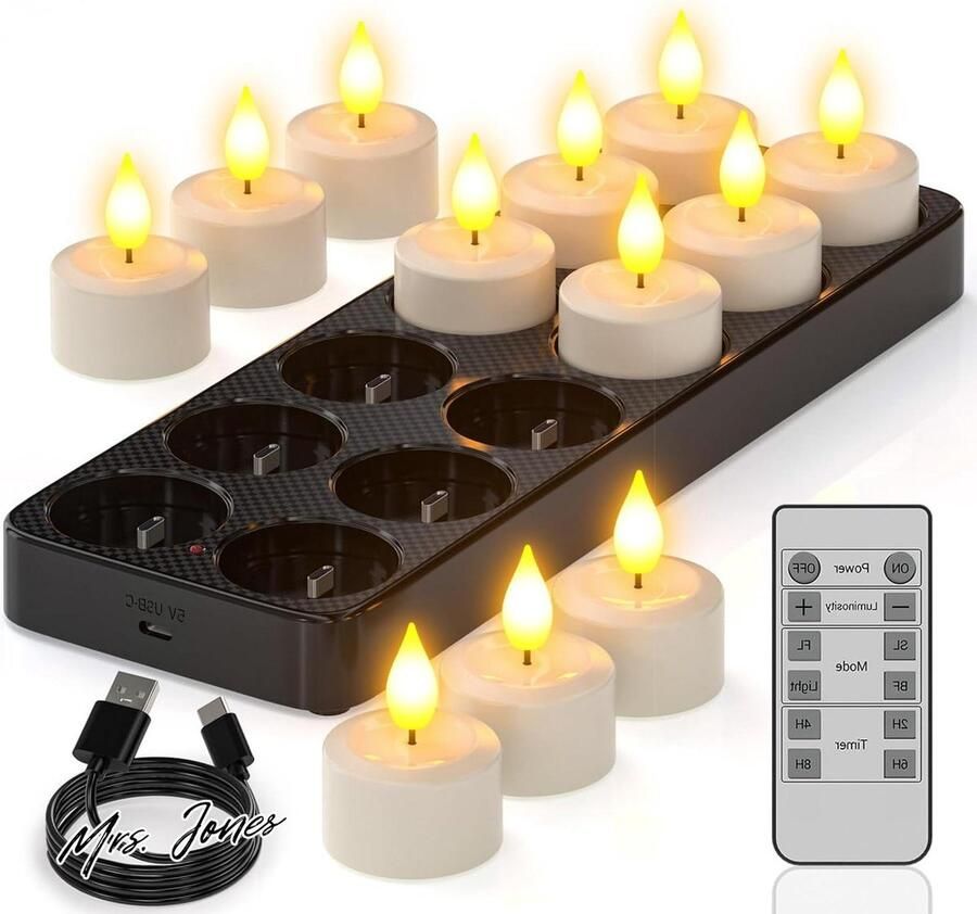 Mrs. Jones Oplaadbare theelichtjes met timerfunctie en laadstation 12 led-theelichtjes kaarsen flikkerend met afstandsbediening timer voor kamer woonkamer Halloween Kerstmis tafel feestdecoratie