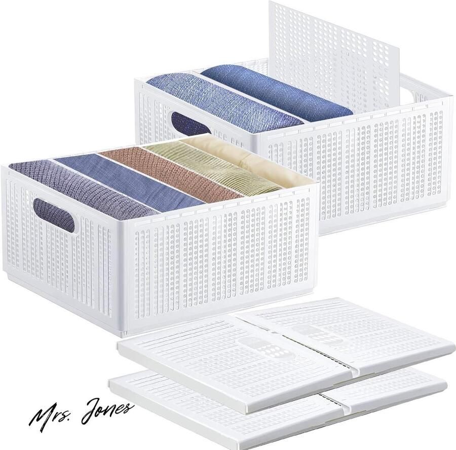 Mrs. Jones Opvouwbare kledingkast organizer stapelbaar opbergsysteem voor thuis slaapkamer met beweegbare scheidingswanden 2 stuks (wit)