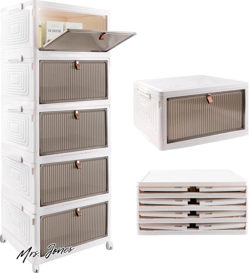 Mrs. Jones Opvouwbare opbergdoos met 5 lagen stapelbare schoenorganizer plastic transparante stapeldozen met deur en wielen voor keuken kantoor en woonkamer (wit-5 niveaus)