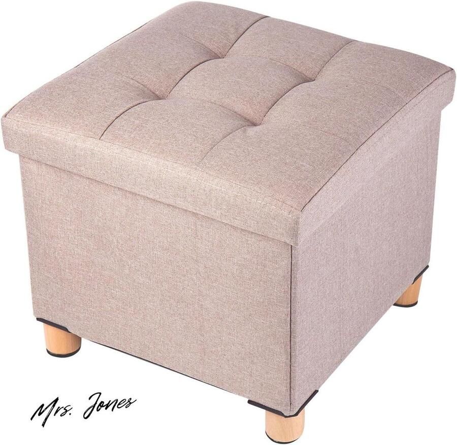 Mrs. Jones Opvouwbare opbergpoef met houten poten linnen voetenbank opbergkist met zeer elastische sponsvulling kaki 38 x 38 x 38 cm opbergpoef voetenbank