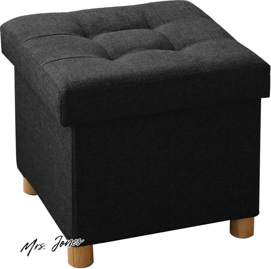 Mrs. Jones Opvouwbare Ottomaanse opbergdoos met houten poten linnen voetkruk voetenbank met opbergruimte zeer elastische sponsvulling zwart 38 x 38 x 38 cm
