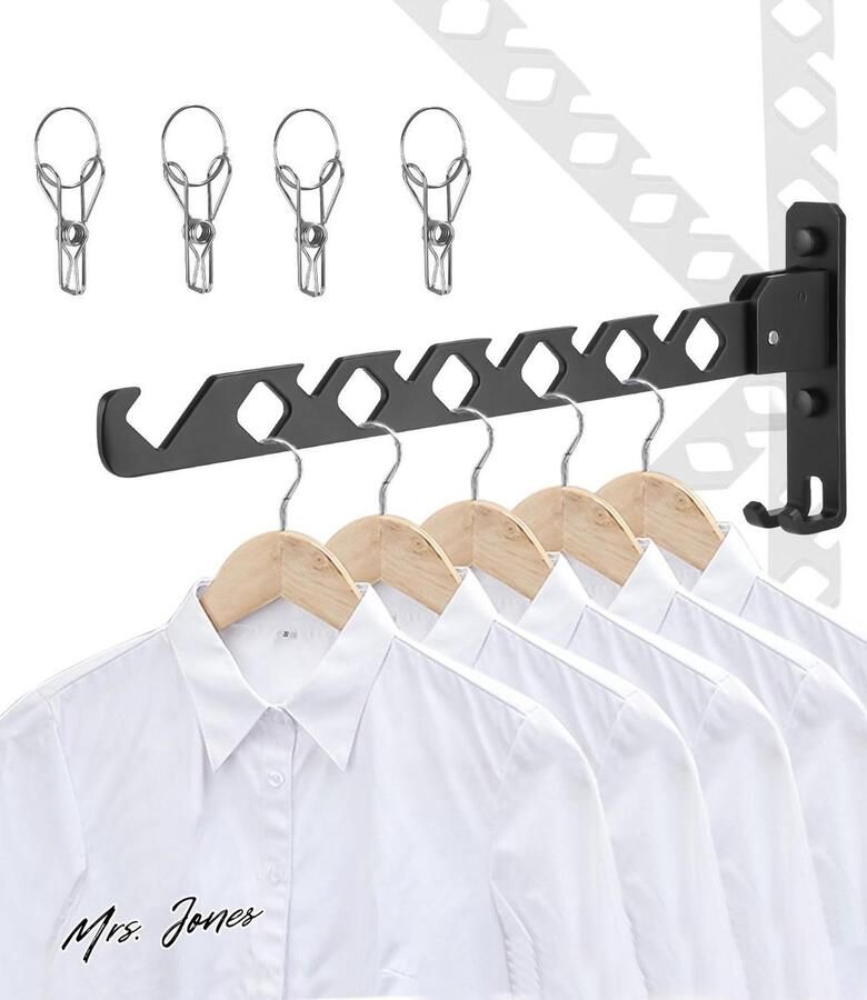 Mrs. Jones Opvouwbare Wandhanger180 Draaibaar Wandkledingrek Zwart Wandkleerhanger Opvouwbaar Haak Badkamer Slaapkamer Wasruimte Balkon