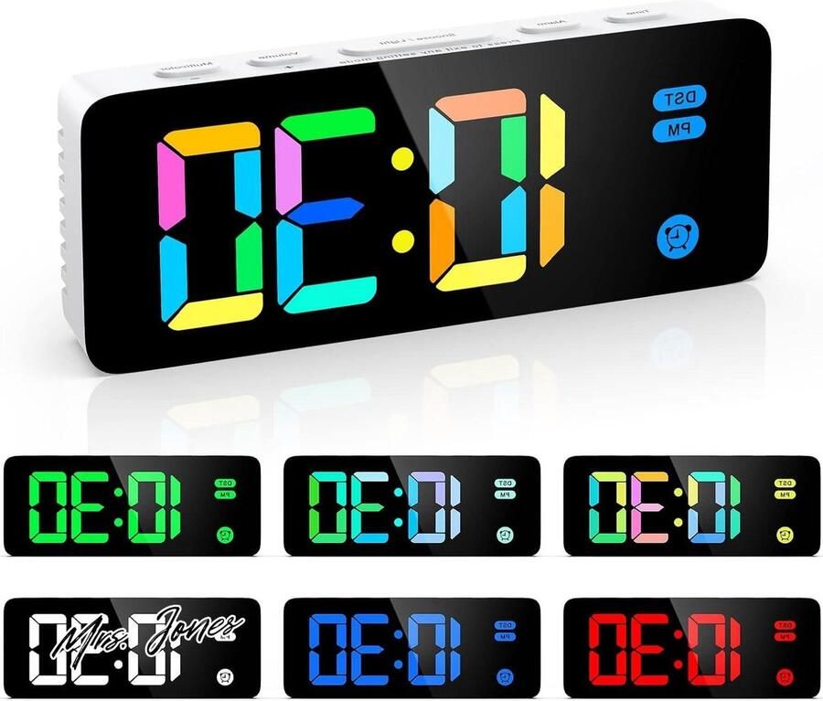 Mrs. Jones Oria Digitale wekker kleine digitale klok voor nachtkastje led-regenboog scherm kinderslaapkamers helderheids- en volumeniveau's sluimerstand 15 m USB-kabel inbegrepen