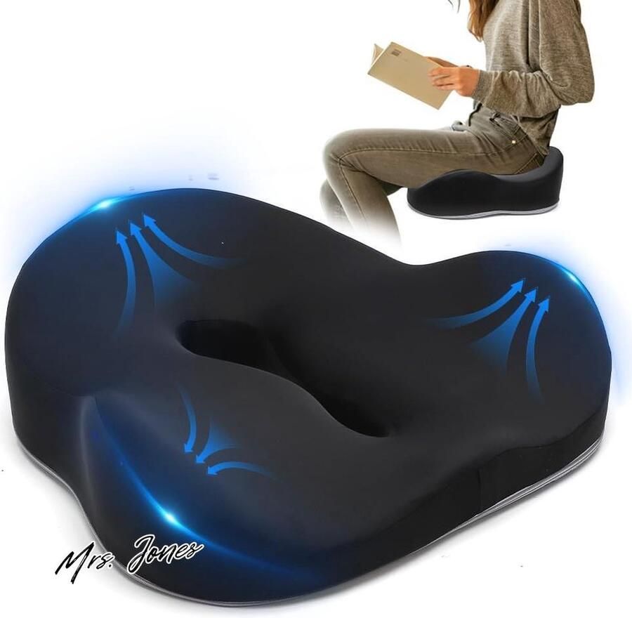 Mrs. Jones Orthopedisch zitkussen met geheugenschuim voor stuitbeen aambeien en ergonomische ondersteuning bureaustoel en autostoel verlicht pijn en bevordert doorbloeding