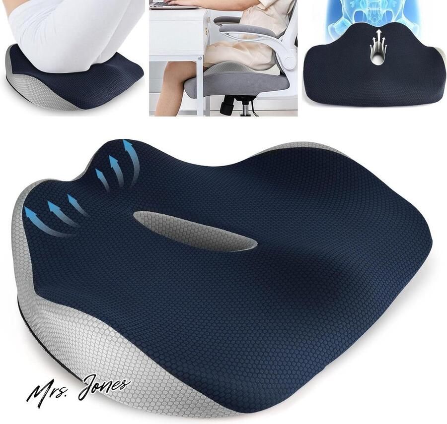 Mrs. Jones Orthopedisch zitkussen stuitbeenontlasting bureaustoelen rolstoel auto memory foam zitkussen ergonomisch heupvorming donkerblauw