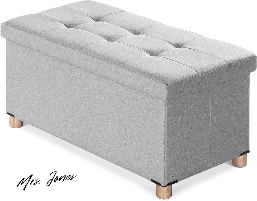 Mrs. Jones Ottomaanse opbergdoos 4 houten poten linnen opbergpoef woonkamer lichtgrijs 76 x 38 x 38 cm met zoekwoorden opbergdoos en opbergpoef