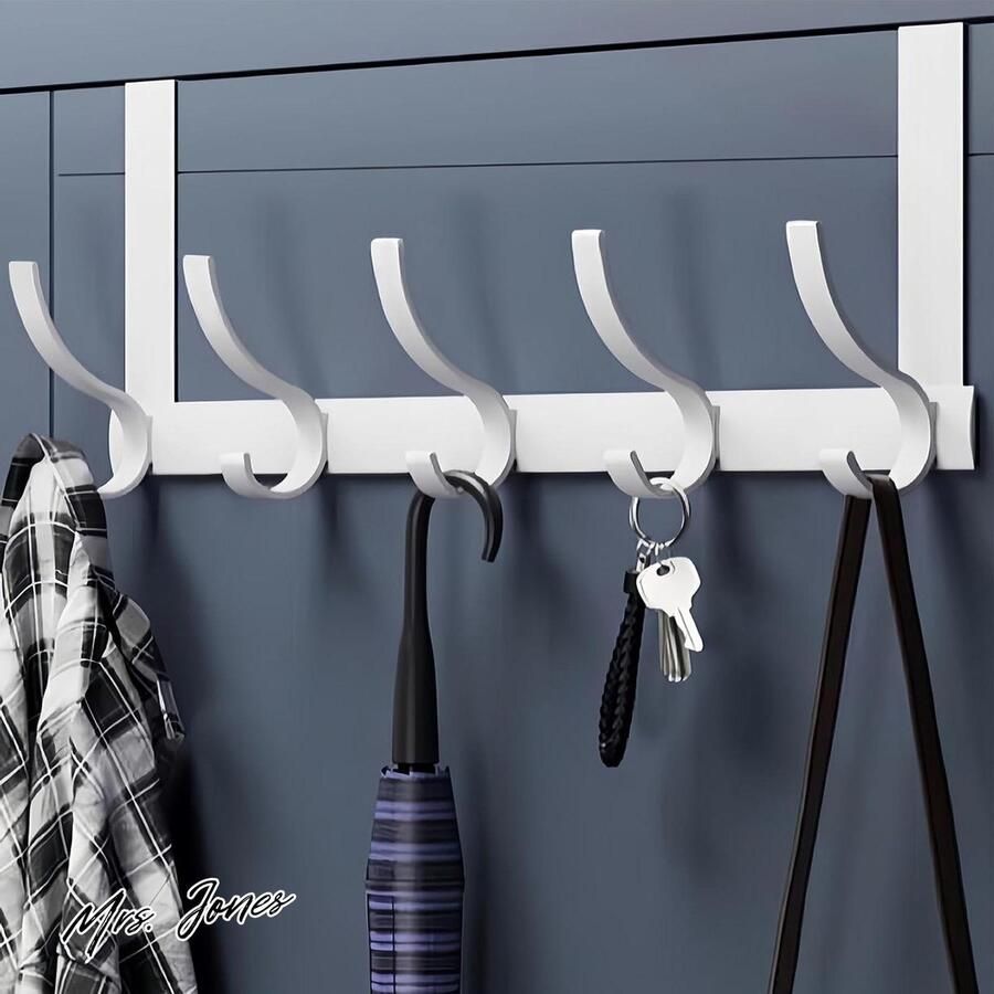 Mrs. Jones Overdeurhanger ruimtebesparende kapstokhaken voor het ophangen van jas handdoekentas (wit 5 haken) met zoekwoorden: zware deurhaken roestbestendig
