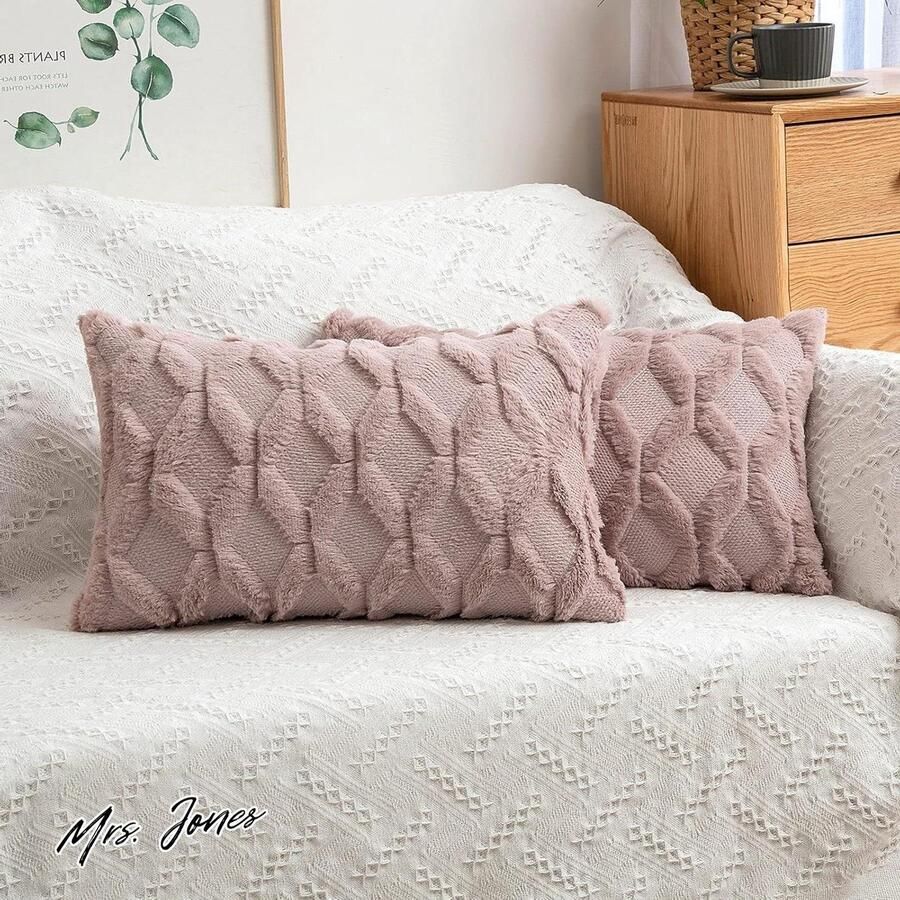 Mrs. Jones Pak van 2 wollen kussenhoezen met pluche decoratief elegant sierkussens voor bank slaapkamer woonkamer 30 x 50 cm donkerroze