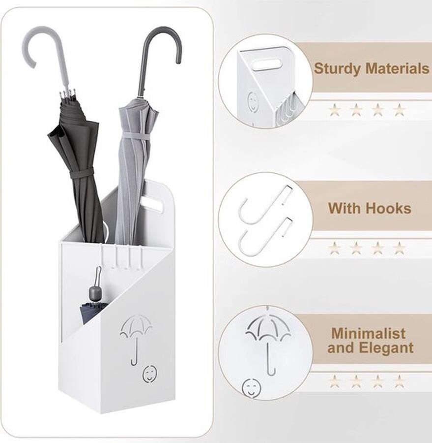 Mrs. Jones Paraplubak Paraplustandaard Parapluhouder 2 Opslagvakken Inclusief 4 Haken Voor Lange en Korte Paraplu's 20x49x20 cm Wit