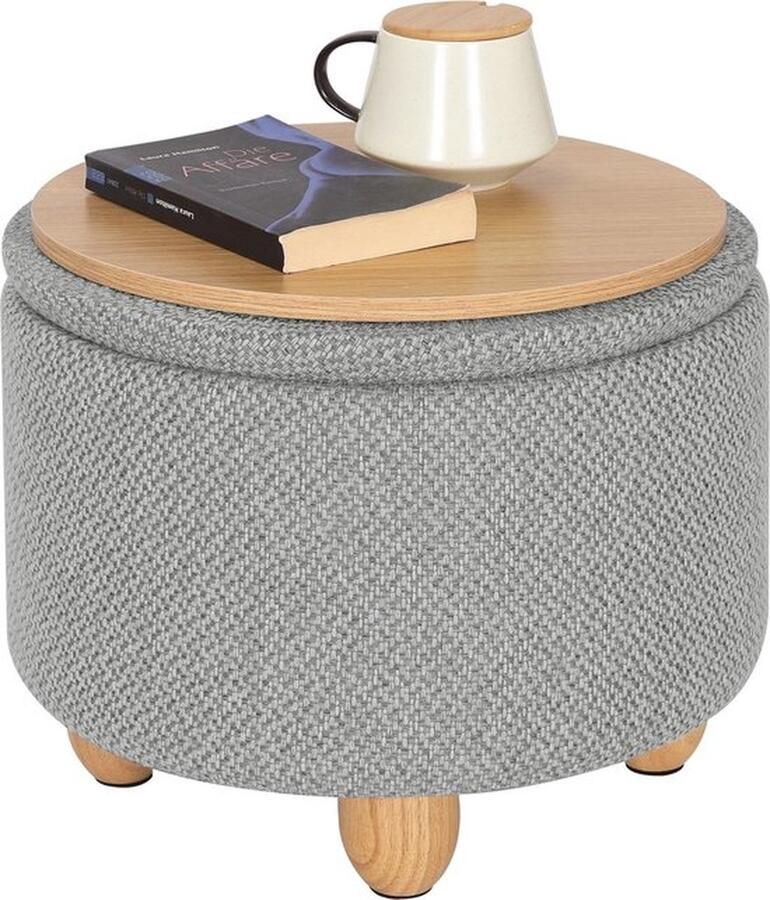 Mrs. Jones Poef Kruk Voetenbankje Bijzettafel Koffietafel Met Opslag Openbaar Met Deksel Licht Grijs Rond Houten poten 39x39x33CM