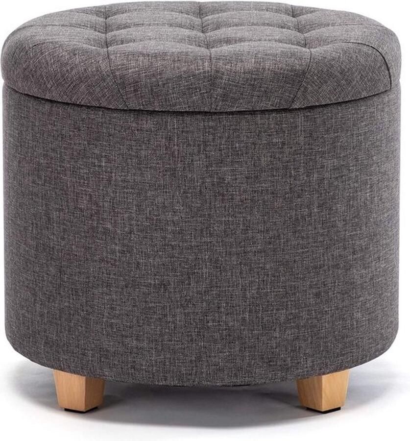 Mrs. Jones Poef Rond 45cm met Gewatteerde Zitting Stoel met Deksel Linnen Ottomaanse Opbergkruk Sterke Houten Frame Houtskool