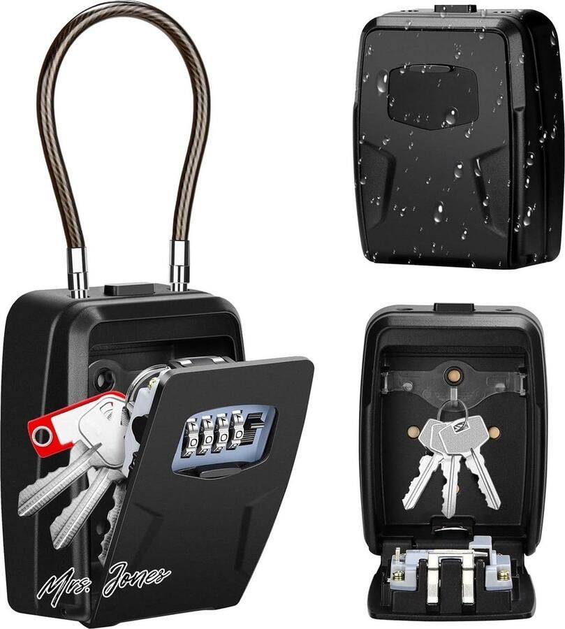 Mrs. Jones Portable Key Safe Weatherproof Key Safe Outdoor Wall Mounted Key Locking Cabinet with Removable Wire Rope Hanging Lockbox 4 Digit Combination Key Storage Box Outdoor Key Storage Cabinet Weatherproof Key Holder