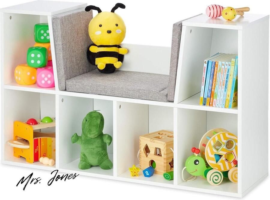 Mrs. Jones Premium Collection Boekenkast met kussen 6 vakken 63x103x30 cm Zitbank Wit