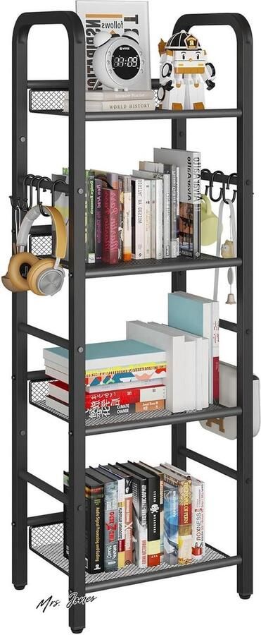 Mrs. Jones Premium Collection Boekenkast opbergrek 5 niveaus Metalen frame Vrijstaand Thuiskantoor Zwart met 8 S-haken