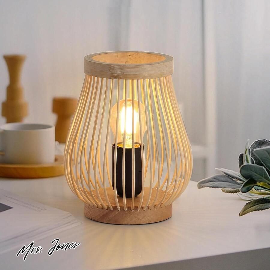 Mrs. Jones Premium Collection Boho tafellamp Houten sokkel Rotan lamp Klein Industrieel Bamboe lampenkap