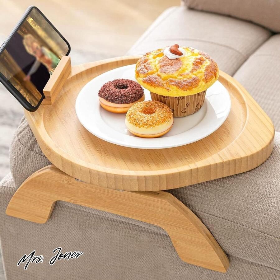 Mrs. Jones Premium Collection Dienblad hout bamboe bank Draaibare mobiele telefoonhouder Opvouwbaar Antislip Drankhouder Rond